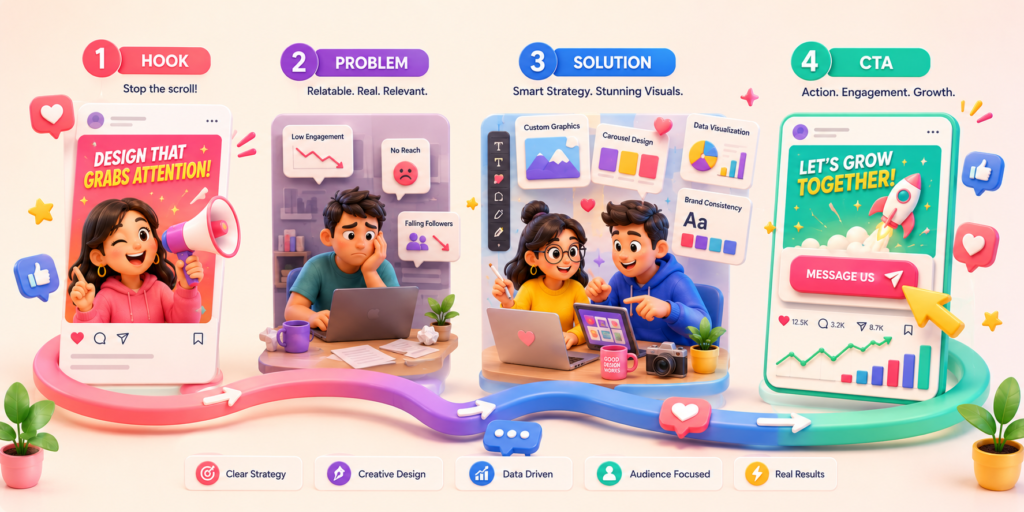 Social media marketing strategy by a social media agency in Patna showing the hook, problem, solution and CTA content framework.