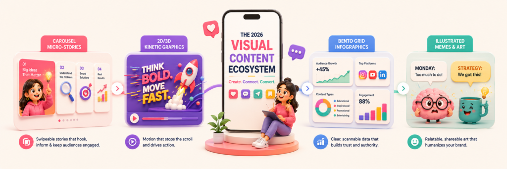 2026 visual content ecosystem featuring carousel posts, kinetic graphics, infographics and illustrated social media content.
