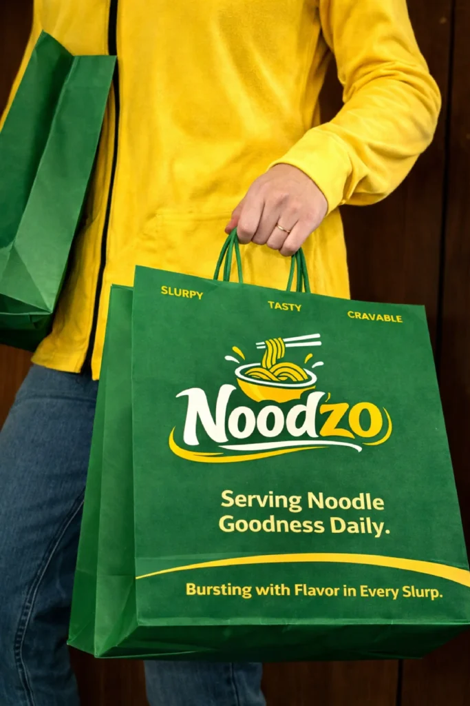 Custom paper bag packaging design with bold branding and typography for food brand by Prachar Buzz in Patna