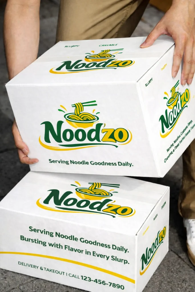 Custom printed takeaway box packaging design with logo and branding for food delivery by Prachar Buzz