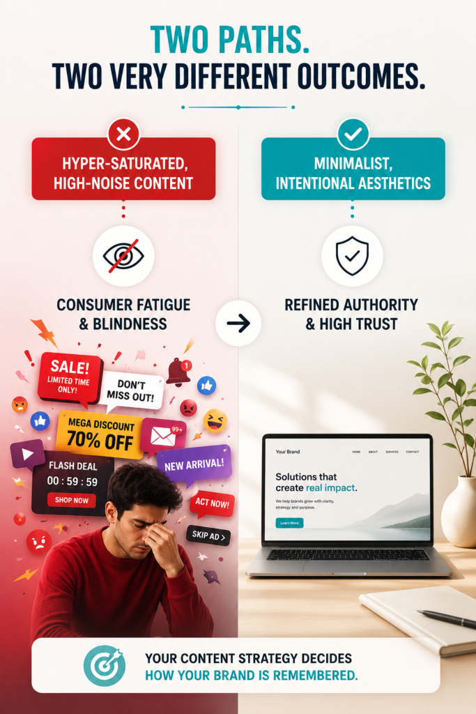 Infographic comparing hyper-saturated high-noise content causing consumer fatigue and blindness with minimalist intentional aesthetics that build refined authority and high trust.