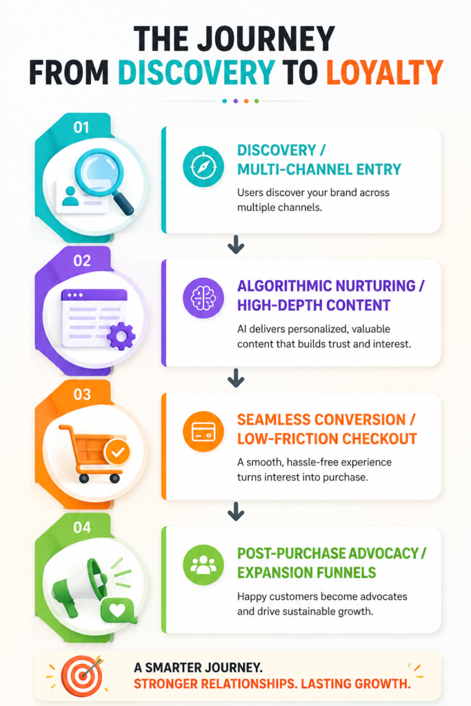 Infographic showing the modern customer journey from multi-channel discovery and algorithmic nurturing to seamless conversion and post-purchase brand advocacy.
