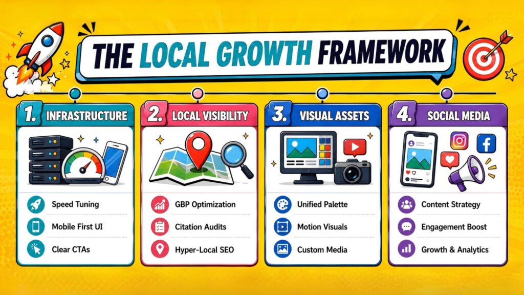 Local business growth framework covering local SEO, visual branding, website optimization, and social media marketing