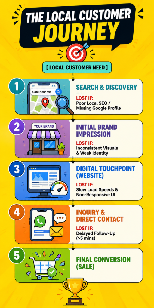 Local customer journey showing how customers move from local search and brand discovery to website visits, inquiries, and sales