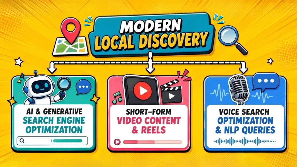Local SEO discovery trends including AI search engine optimization, short-form video, reels, and voice search