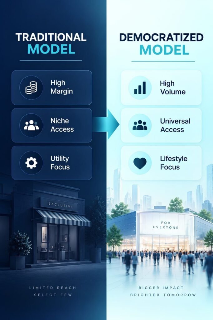Traditional business model compared with a democratized model focused on high volume, universal access, and lifestyle-driven consumer demand.