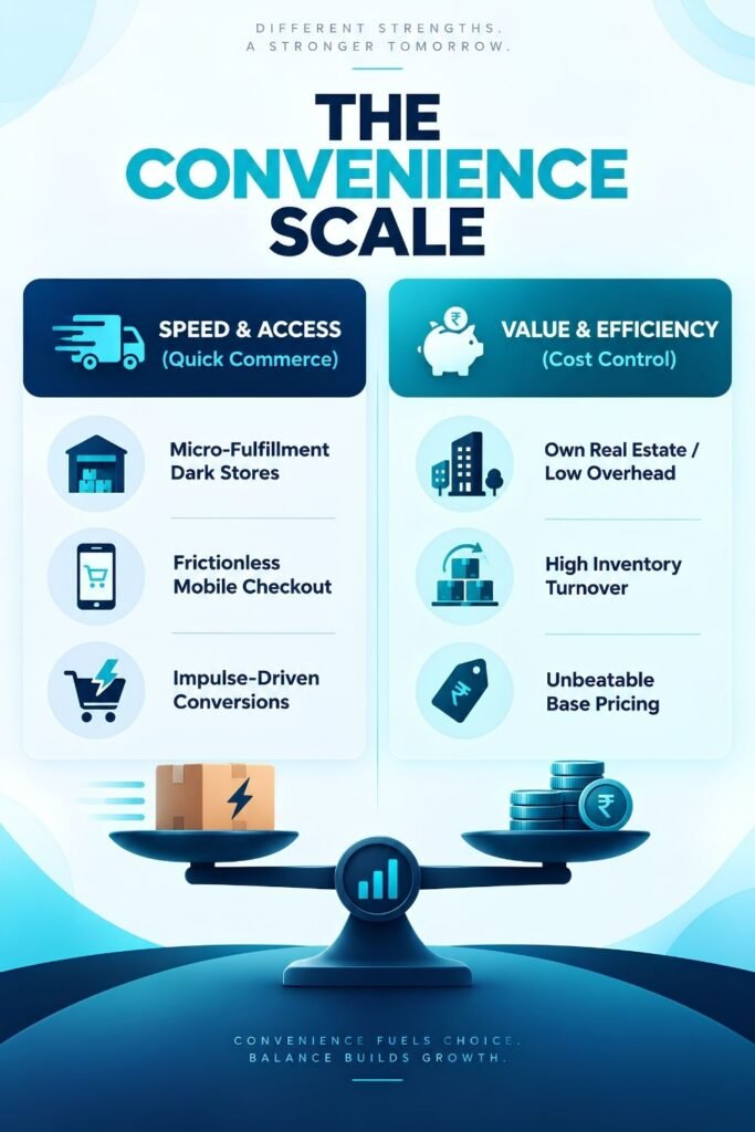 The Convenience Scale showing how quick commerce brands drive consumer choice through speed, access, value, efficiency, low overhead, and high inventory turnover.
