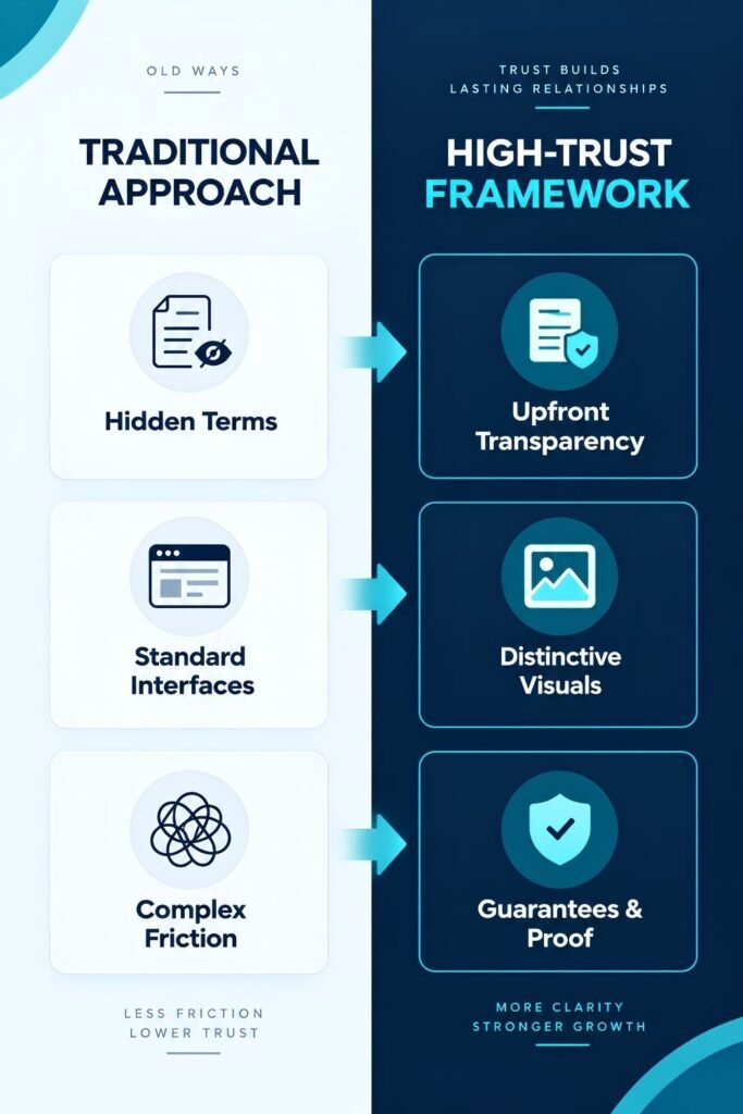 Traditional marketing approach compared with a high-trust framework featuring upfront transparency, distinctive visuals, guarantees, and proof.