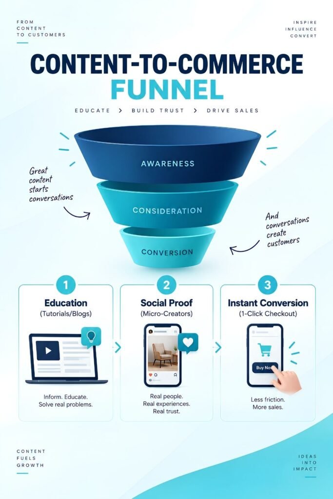 Content-to-commerce funnel showing how brands turn educational content and social proof into customer consideration and instant conversion.