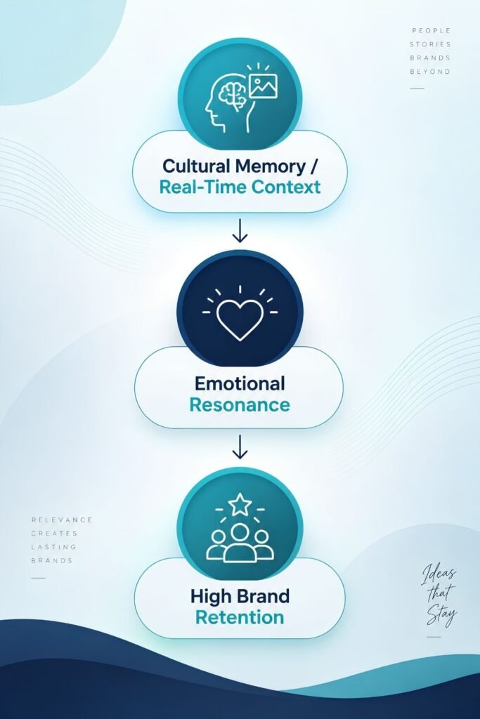 Brand positioning framework showing how cultural memory, real-time context, and emotional resonance contribute to high brand retention.
